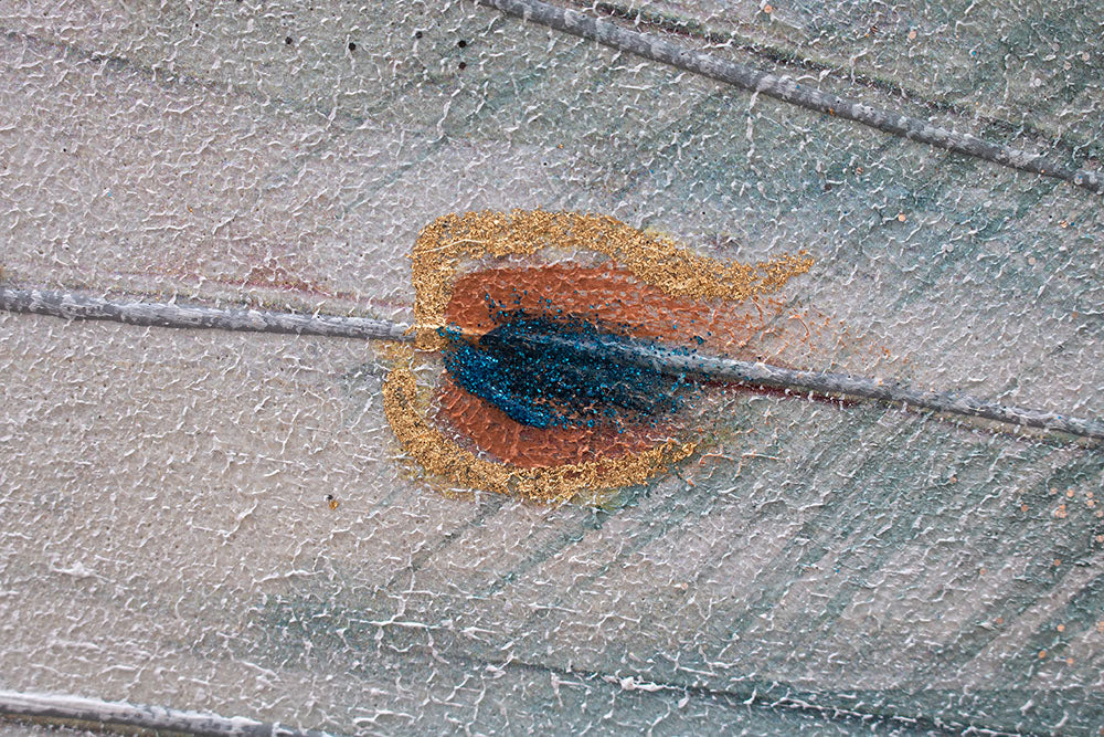 Pop art tablou pe pânză cu motivul PĂUN, pasăre în albastru-gri nuanțe, atmosferă elegantă, natură și frumusețe, potrivit pentru birou de lucru | Tablou pictat de perete PĂUN – produs, vedere 2