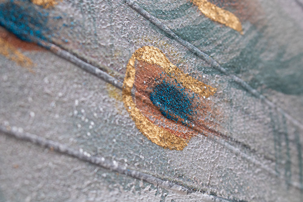 Pop art tablou pe pânză cu motivul PĂUN, pasăre în albastru-gri nuanțe, atmosferă elegantă, natură și frumusețe, potrivit pentru birou de lucru | Tablou pictat de perete PĂUN – produs, vedere 3