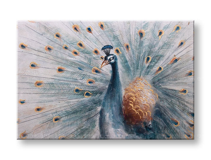 Pop art tablou cu motivul PĂUN, pasăre în albastru-gri nuanțe | Tablou pictat de perete PĂUN, natură și frumusețe – previzualizare