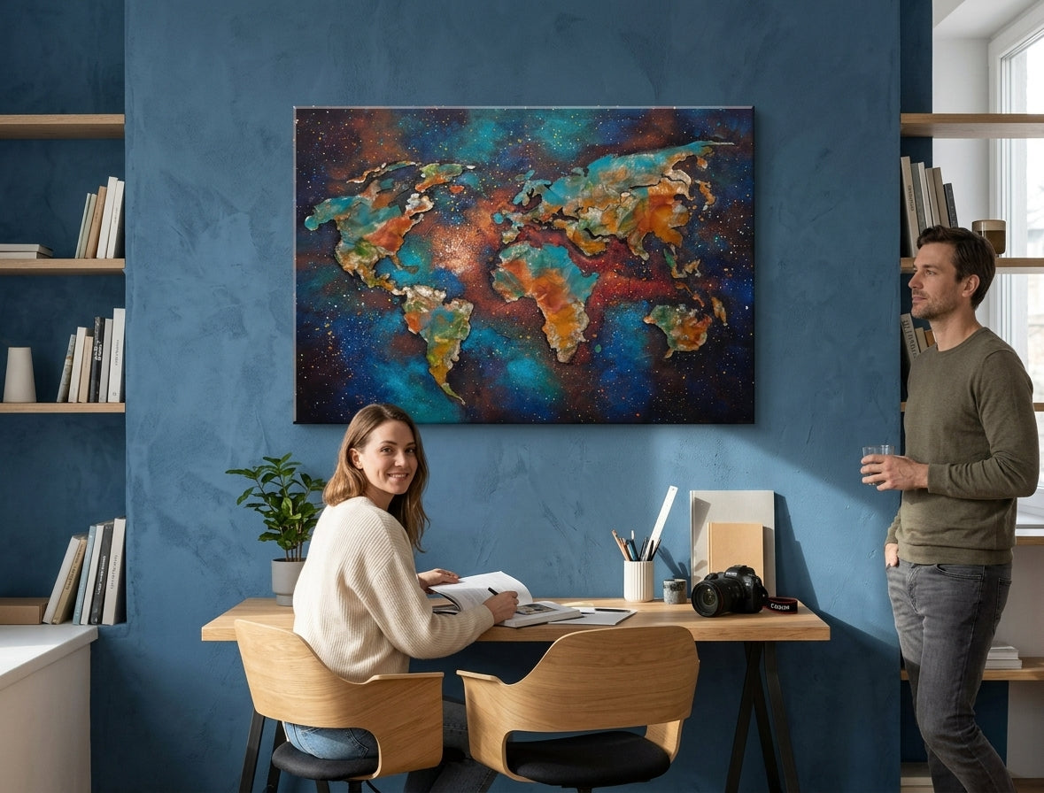 Pictat manual tablou pe pânză cu motivul ZEM, harta lumii, galaxie, stele, hartă în albastru-portocaliu nuanțe agățat în interiorul birou – interior