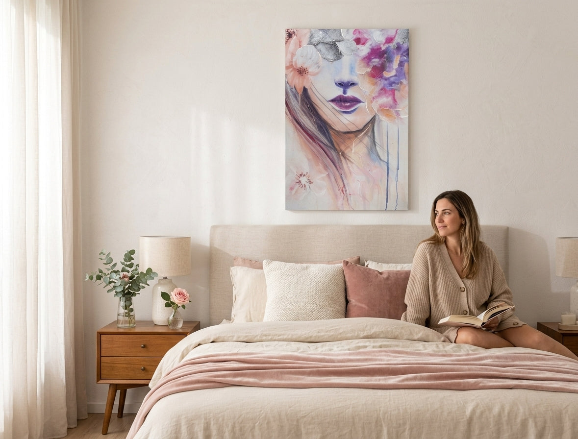 În stil boho tablou pe pânză cu motivul FEMEIE, flori, păr, natură în violet-portocaliu nuanțe agățat în interiorul dormitor, atmosferă eterică – interior