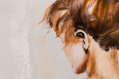 Pictat manual tablou pe pânză cu motivul FEMEIE în bej-maro nuanțe, atmosferă elegantă, eleganță și frumusețe, potrivit pentru dormitor | Tablou pictat de perete FEMEIE – produs