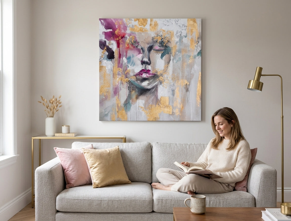 Pop art tablou pe pânză cu motivul FEMEIE, accente aurii în alb-gri nuanțe agățat în interiorul sufragerie, atmosferă eterică, frumusețe și natură – interior