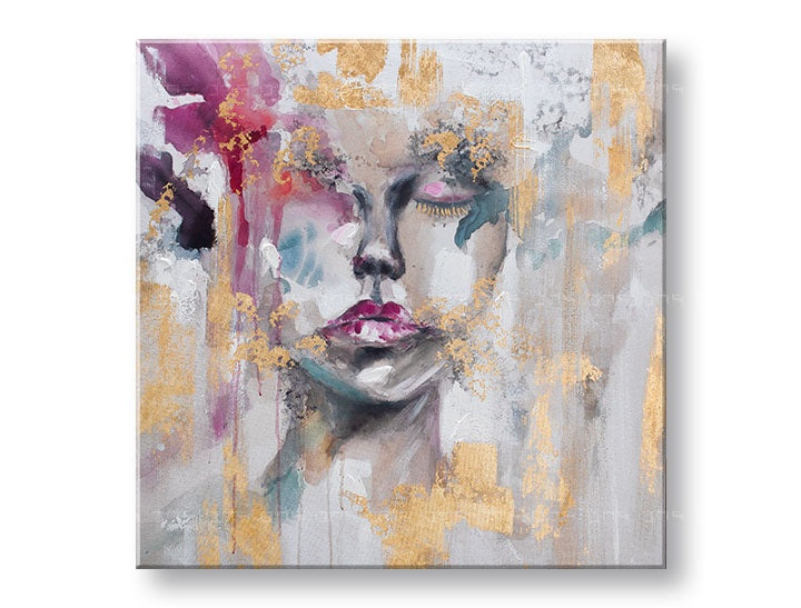 Pop art tablou cu motivul FEMEIE, accente aurii în alb-gri nuanțe | Tablou pictat de perete FEMEIE, frumusețe și natură – previzualizare