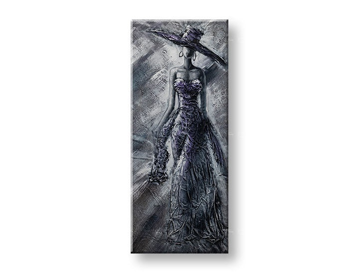 Pictat manual tablou cu motivul FEMEIE în violet-gri nuanțe | Tablou pictat de perete FEMEIE, eleganță și mister – previzualizare