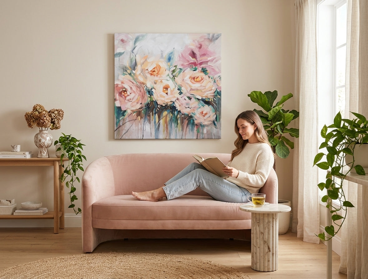 Pop art tablou pe pânză cu motivul trandafiri, flori, hartă, natură în roz-verde nuanțe agățat în interiorul sufragerie, atmosferă romantică – interior