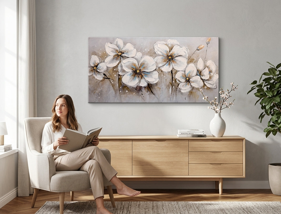 Pictat manual tablou pe pânză cu motivul flori, hartă, natură în multicolor nuanțe agățat în interiorul hol, atmosferă liniștită, natură și atmosferă de primăvară – interior