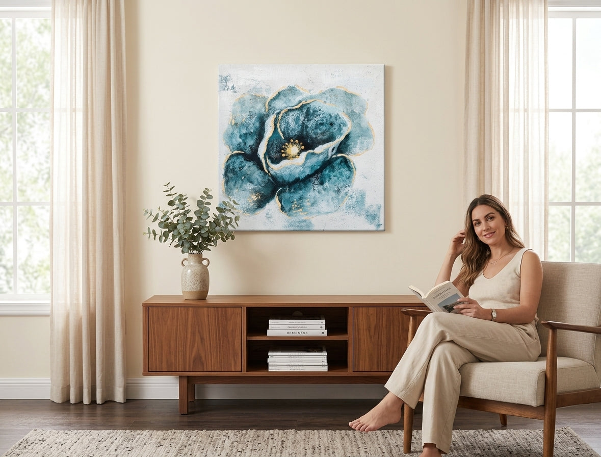 În stil scandinav tablou pe pânză cu motivul floare, motiv botanic, hartă, natură în alb-bej nuanțe agățat în interiorul sufragerie – interior