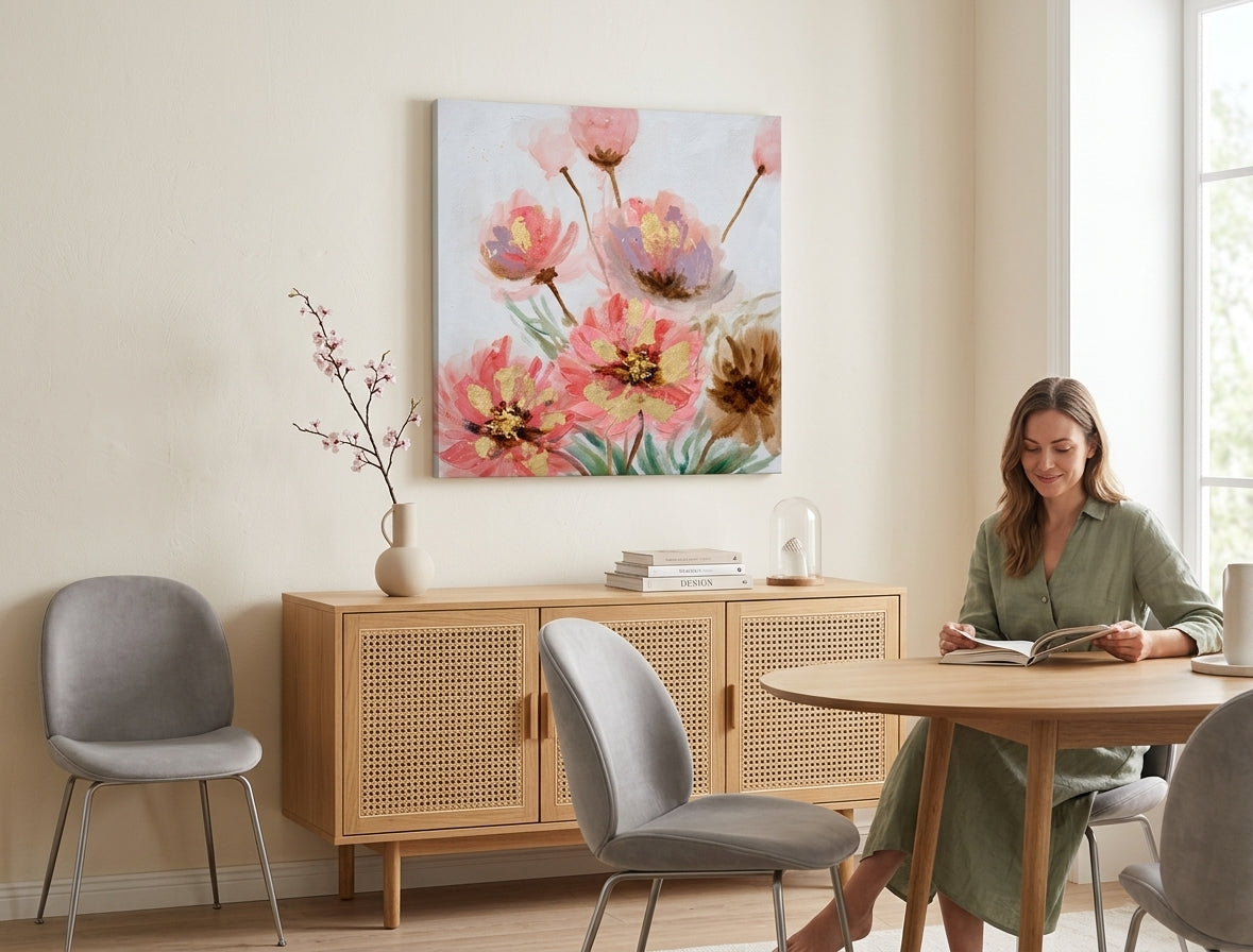Pictat manual tablou pe pânză cu motivul maci, flori, natură, animal în roz-verde nuanțe agățat în interiorul dormitor, atmosferă delicată – interior