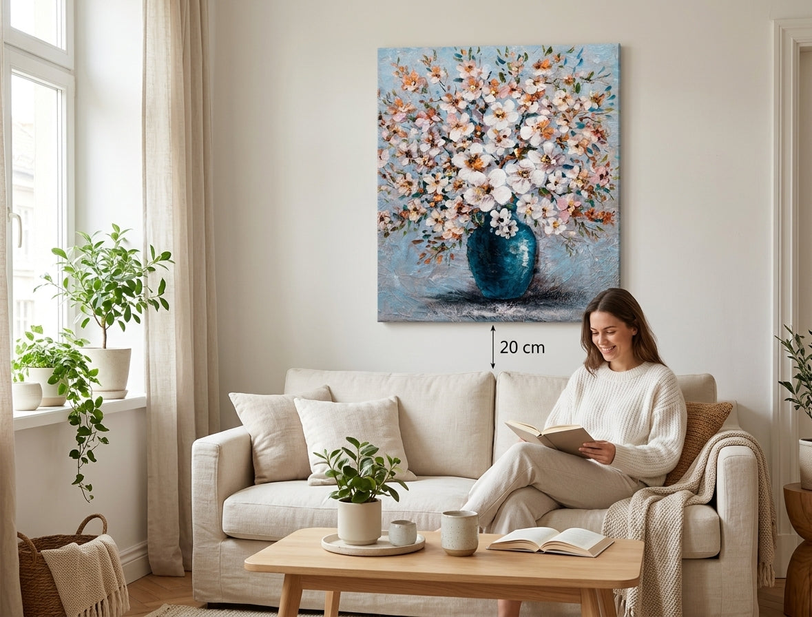 Pictat manual tablou pe pânză cu motivul flori, vază, natură în alb-bej nuanțe agățat în interiorul sufragerie, atmosferă veselă, atmosferă de primăvară și natură – interior