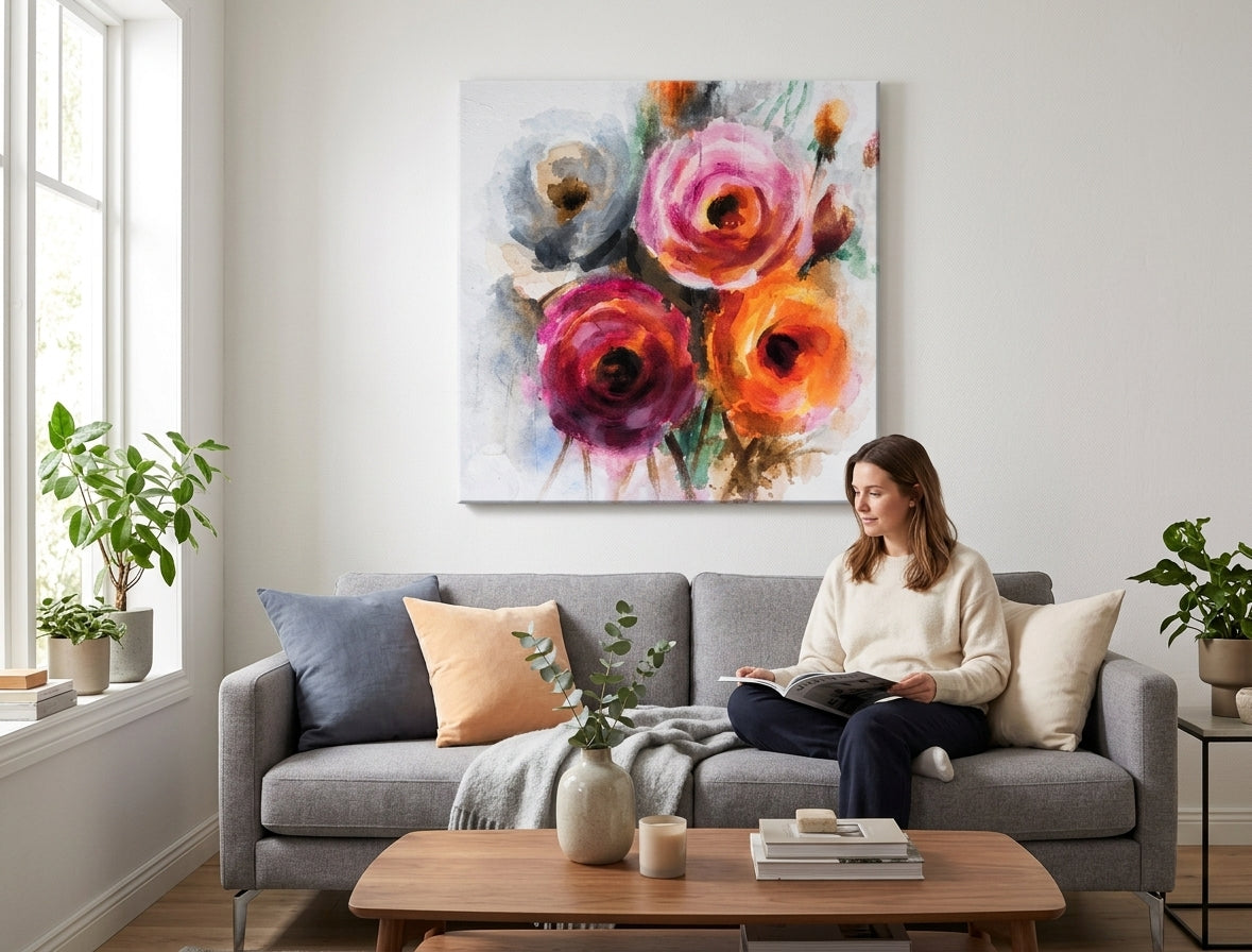Pictat manual tablou pe pânză cu motivul flori, trandafiri, motiv botanic, natură în alb-bej nuanțe agățat în interiorul sufragerie, natură și atmosferă de primăvară – interior