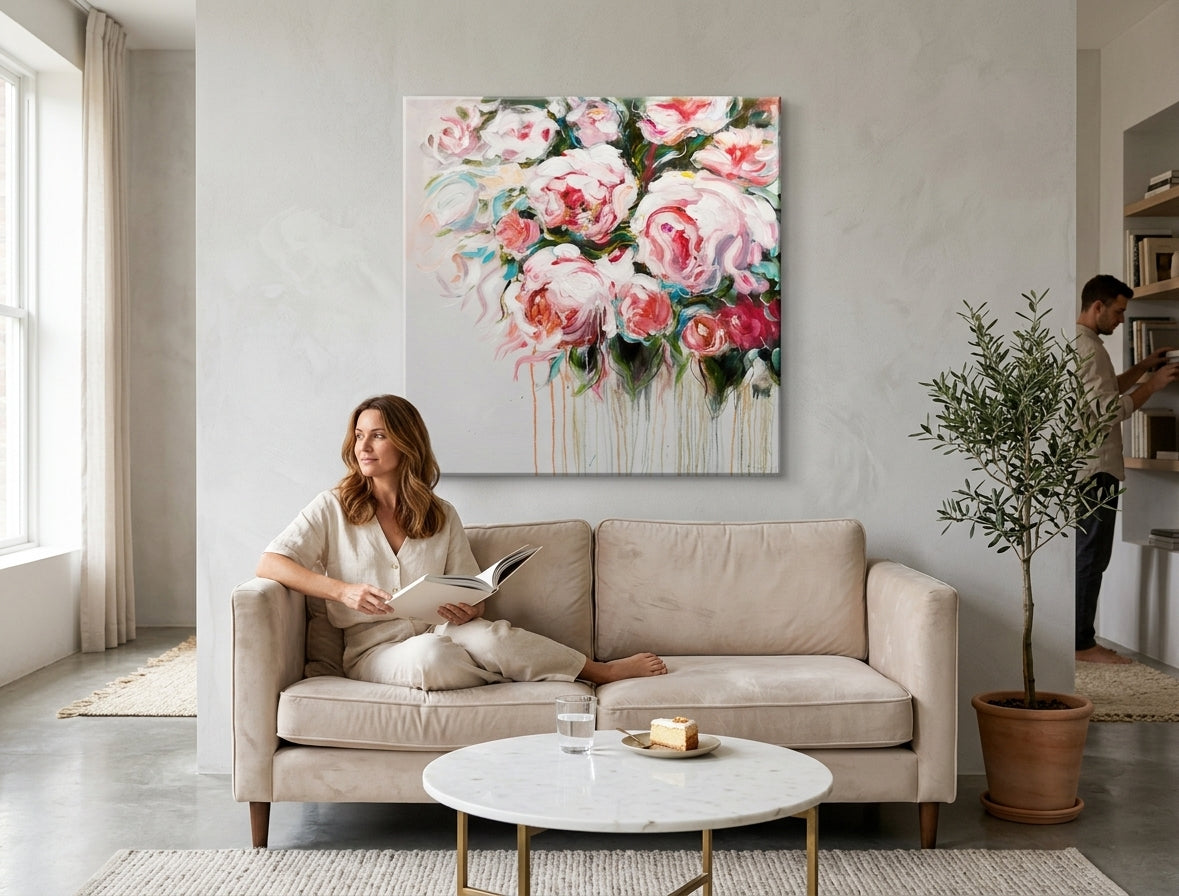 Pictat manual tablou pe pânză cu motivul trandafiri, flori, natură în alb-albastru nuanțe agățat în interiorul sufragerie, atmosferă romantică, natură și romantism – interior