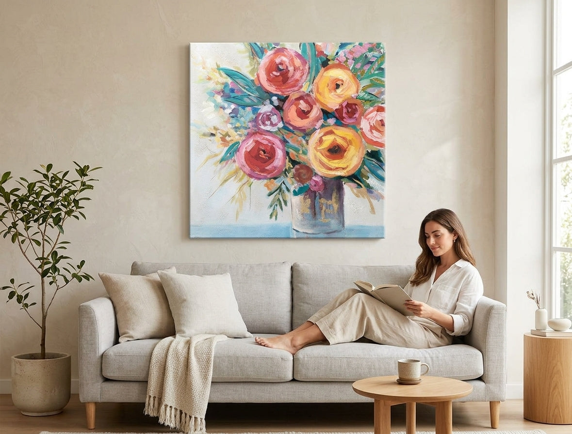 Pictat manual tablou pe pânză cu motivul flori, trandafiri, vază, natură în roz-verde nuanțe agățat în interiorul sufragerie, atmosferă veselă – interior