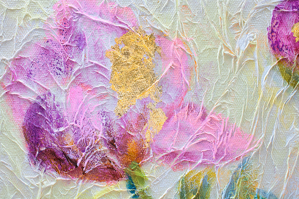 Pop art tablou pe pânză cu motivul flori, frunze, grădină, peisaj, natură în albastru-auriu nuanțe, atmosferă veselă, natură și atmosferă de primăvară – produs