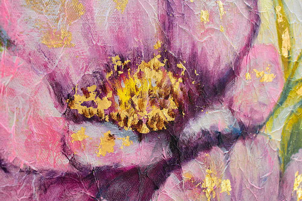 Pop art tablou pe pânză cu motivul flori, frunze, grădină, peisaj, natură în albastru-auriu nuanțe, atmosferă veselă, natură și atmosferă de primăvară – produs, vedere 3