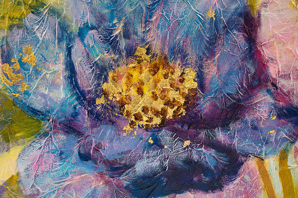 Pop art tablou pe pânză cu motivul flori, frunze, grădină, peisaj, natură în albastru-auriu nuanțe, atmosferă veselă, natură și atmosferă de primăvară – produs, vedere 4