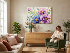 Pop art tablou pe pânză cu motivul flori, frunze, grădină, peisaj, natură în albastru-auriu nuanțe agățat în interiorul dormitor, atmosferă veselă – interior