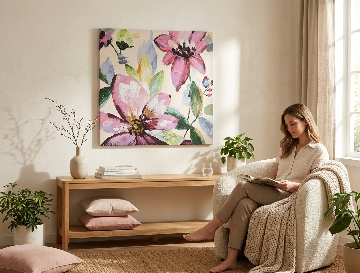 Pictat manual tablou pe pânză cu motivul flori, frunze, natură, animal în multicolor nuanțe agățat în interiorul bucătărie, atmosferă liniștită – interior