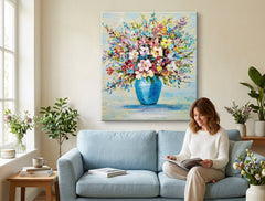 În stil boho tablou pe pânză cu motivul FLORI VO VAZE, flori, vază, natură în multicolor nuanțe agățat în interiorul hol, atmosferă veselă – interior