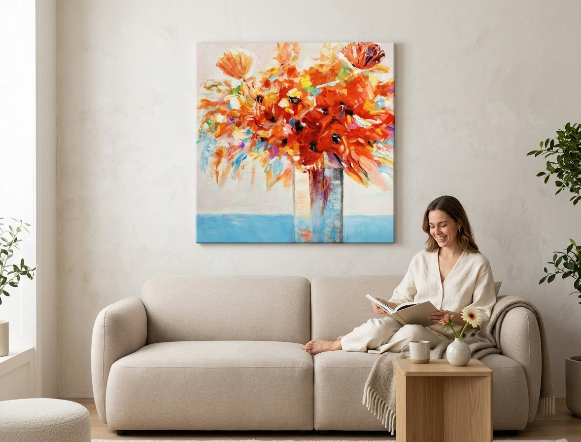 În stil boho tablou pe pânză cu motivul FLORI VO VAZE, flori, vază, natură în alb-albastru nuanțe agățat în interiorul bucătărie, atmosferă veselă – interior