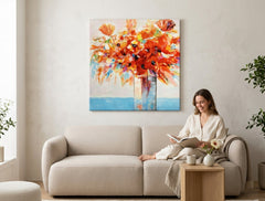 În stil boho tablou pe pânză cu motivul FLORI VO VAZE, flori, vază, natură în alb-albastru nuanțe agățat în interiorul bucătărie, atmosferă veselă – interior