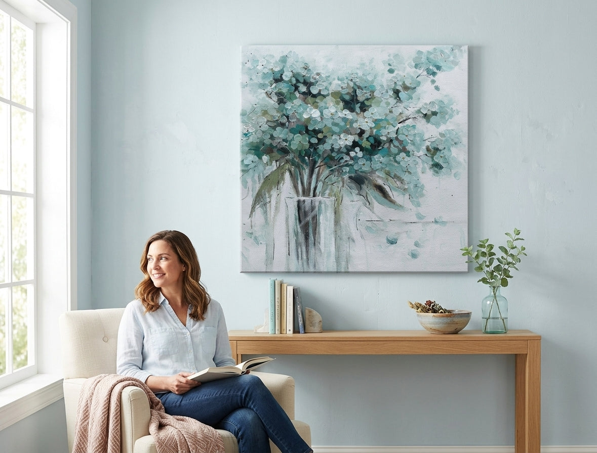 Pictat manual tablou pe pânză cu motivul FLORI VO VAZE, flori, vază, natură în alb-gri nuanțe agățat în interiorul birou de lucru, natură și minimalism – interior