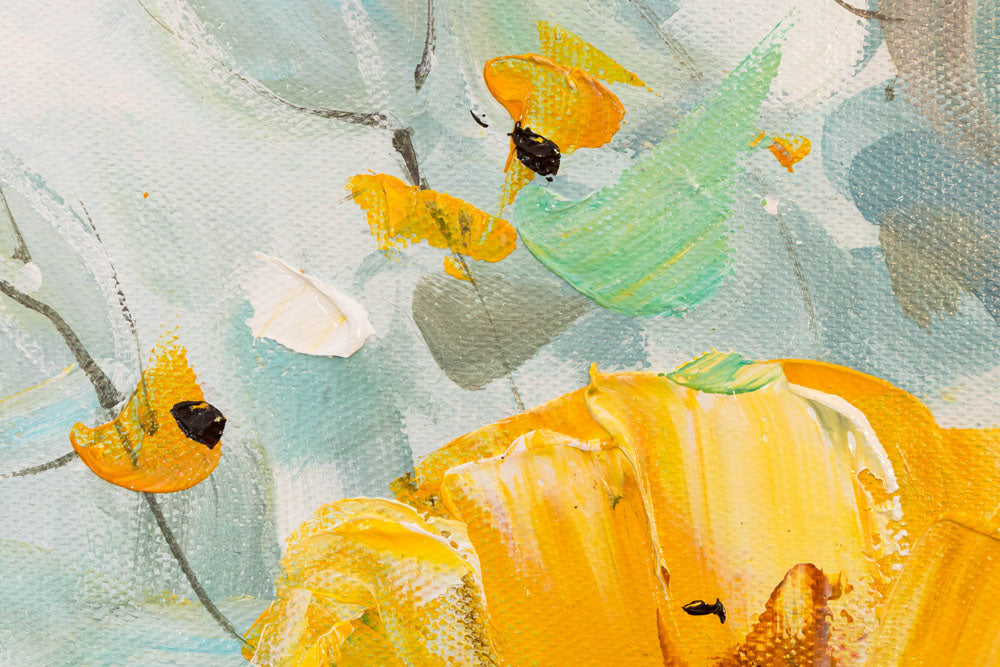 Impresionist tablou pe pânză cu motivul Flori în vază — galbenă buchet 70×70 cm, crin, flori colorate, flori, flori în vază în alb-albastru nuanțe – produs, vedere 3