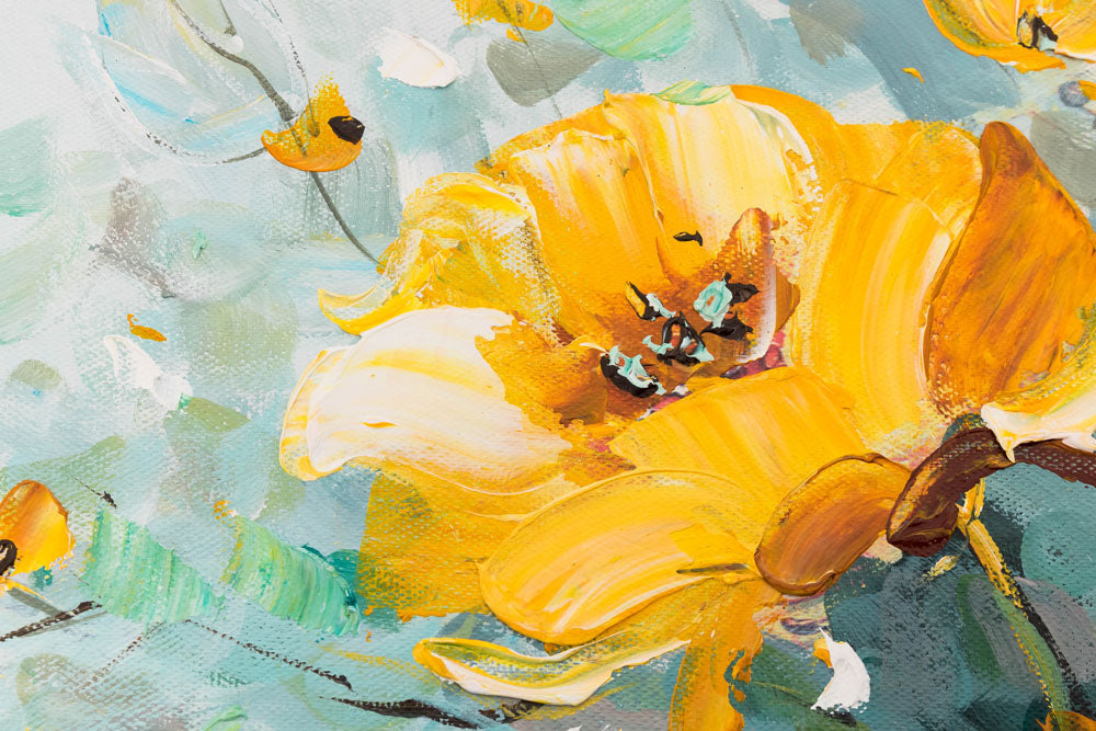 Impresionist tablou pe pânză cu motivul Flori în vază — galbenă buchet 70×70 cm, crin, flori colorate, flori, flori în vază în alb-albastru nuanțe – produs, vedere 4