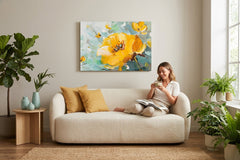 Impresionist tablou pe pânză cu motivul Flori în vază — galbenă buchet 70×70 cm, crin, flori colorate, flori, flori în vază agățat în interiorul bucătărie – interior