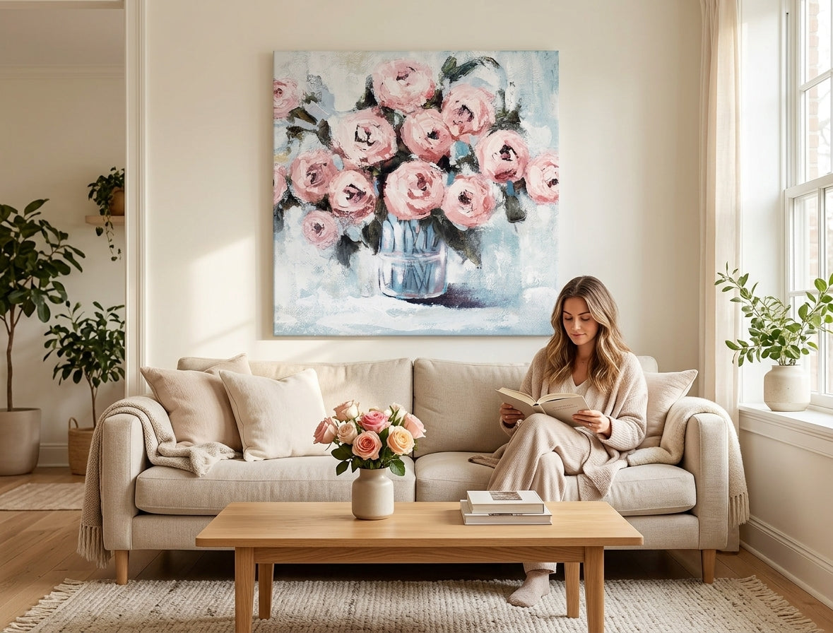 Pictat manual tablou pe pânză cu motivul FLORI VO VAZE, trandafiri, flori în alb-albastru nuanțe agățat în interiorul bucătărie, atmosferă romantică – interior