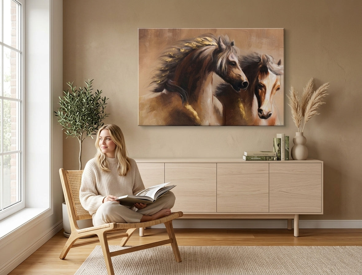 Pictat manual tablou pe pânză cu motivul KONE, peisaj, natură în bej-maro nuanțe agățat în interiorul sufragerie, atmosferă liniștită, natură și libertate – interior