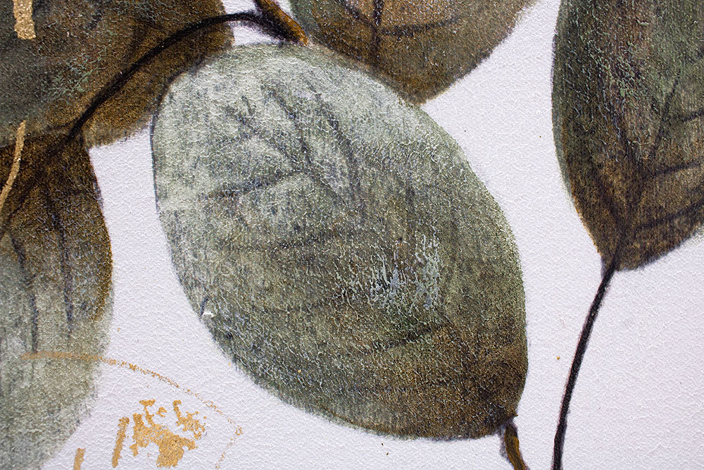 Pictat manual tablou pe pânză cu motivul FRUNZE, natură în alb-verde nuanțe, atmosferă liniștită, natură și minimalism, potrivit pentru hol – produs, vedere 3