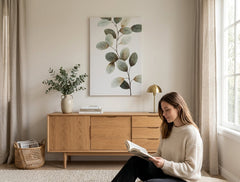 Pictat manual tablou pe pânză cu motivul FRUNZE, natură în alb-verde nuanțe agățat în interiorul hol, atmosferă liniștită, natură și minimalism – interior
