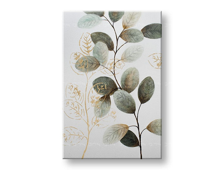 Pictat manual tablou cu motivul FRUNZE, natură în alb-verde nuanțe | Tablou pictat de perete FRUNZE, natură și minimalism – previzualizare