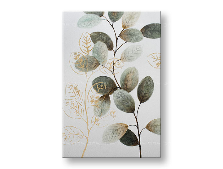 Pictat manual tablou pe pânză cu motivul FRUNZE, natură în alb-verde nuanțe, atmosferă liniștită, natură și minimalism, potrivit pentru hol – principală