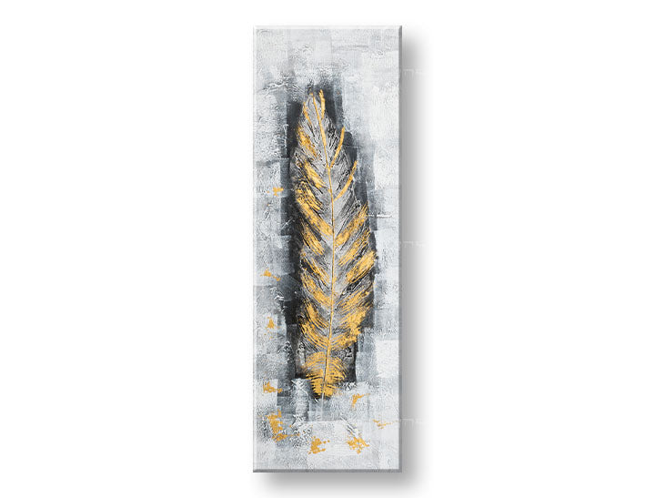 În stil scandinav tablou pe pânză cu motivul LIST, pană, natură în alb-gri nuanțe, atmosferă elegantă, natură și minimalism, potrivit pentru hol – principală