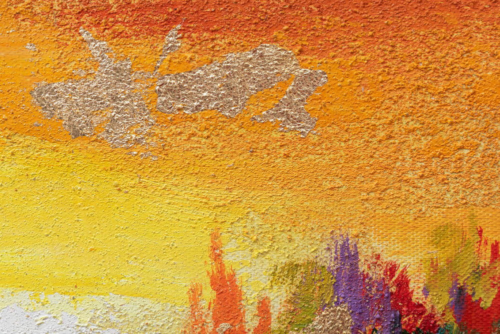 În stil boho tablou pe pânză cu motivul PAJIȘTE, peisaj, copaci, apus de soare, câmp în violet-portocaliu nuanțe, atmosferă liniștită, potrivit pentru hol – produs, vedere 2