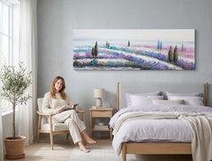 Pictat manual tablou pe pânză cu motivul PAJIȘTE, cer, flori, natură, animal în multicolor nuanțe agățat în interiorul sufragerie, natură și atmosferă de primăvară – interior