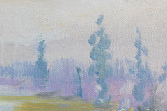 Pictat manual tablou pe pânză cu motivul PAJIȘTE, flori, copaci, cer, peisaj în violet-roz nuanțe, atmosferă liniștită, potrivit pentru sufragerie – produs