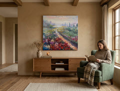 Pictat manual tablou pe pânză cu motivul PAJIȘTE, flori, copaci, cer, peisaj în violet-roz nuanțe agățat în interiorul sufragerie, atmosferă de primăvară și natură – interior