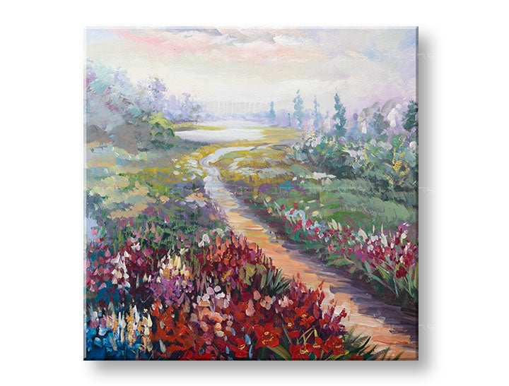 Pictat manual tablou cu motivul PAJIȘTE, flori, copaci în violet-roz nuanțe | Tablou pictat de perete PAJIȘTE, atmosferă de primăvară și natură – previzualizare