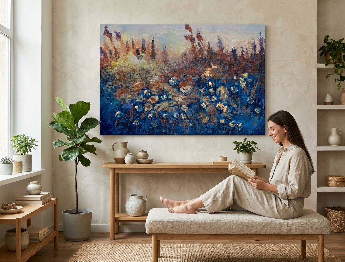 În stil boho tablou pe pânză cu motivul PAJIȘTE, câmp, copaci, cer, peisaj în violet-albastru nuanțe agățat în interiorul sufragerie, natură și singurătate – interior