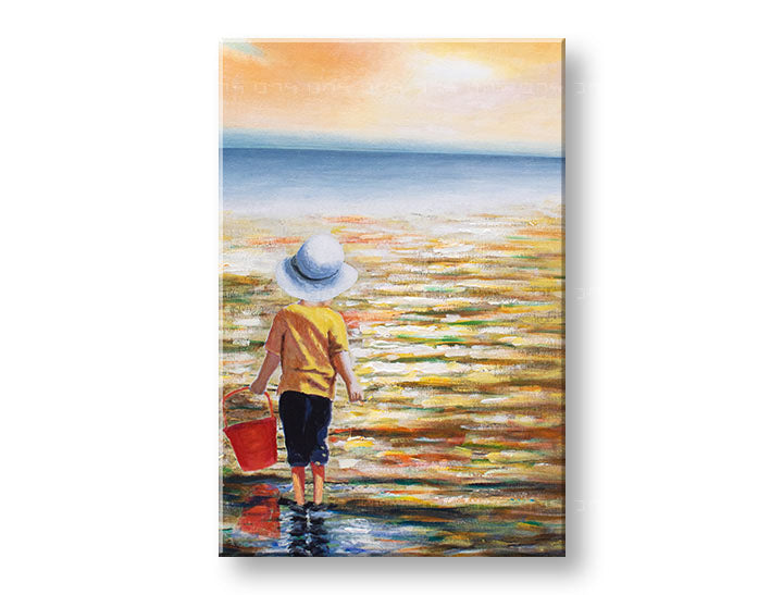Pictat manual tablou pe pânză cu motivul copil, ocean, apus de soare, pălărie, peisaj în albastru-auriu nuanțe, atmosferă liniștită, potrivit pentru cameră de copii – principală