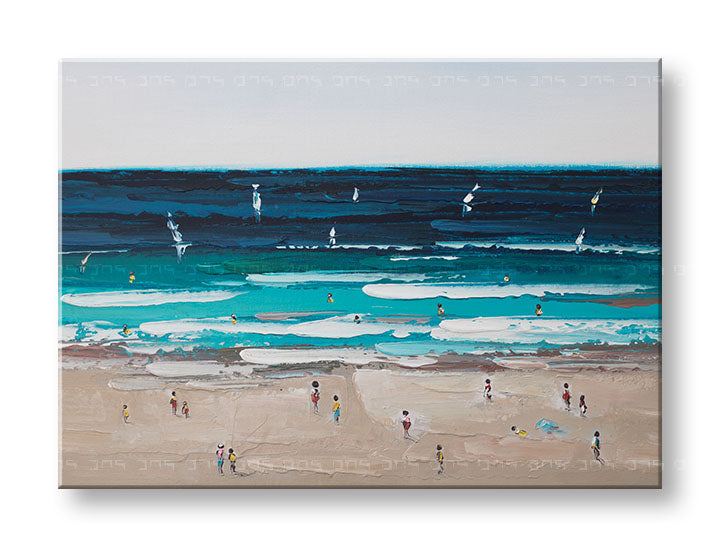 Pop art tablou pe pânză cu motivul plajă, ocean, valuri, cer, mare și plajă în alb-bej nuanțe, viață la mare, potrivit pentru sufragerie | Tablou pictat de perete MARE – principală