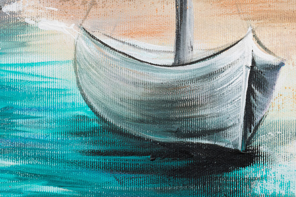 Pictat manual tablou pe pânză cu motivul BĂRCI PE MARE, ocean, cer, nori, păsări în alb-bej nuanțe, atmosferă liniștită, potrivit pentru sufragerie – produs, vedere 3