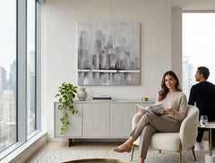 Modern tablou pe pânză cu motivul reflexie pe apă în alb-negru nuanțe agățat în interiorul sufragerie, atmosferă liniștită, contemplare | Tablou pictat de perete ORAȘ – interior