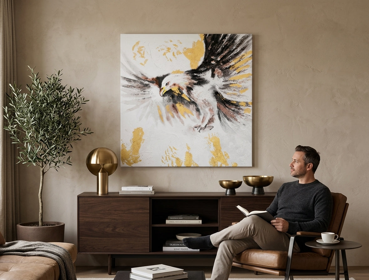 Pictat manual tablou pe pânză cu motivul OROL, pasăre, peisaj, natură în alb-maro nuanțe agățat în interiorul birou, atmosferă maiestuoasă – interior