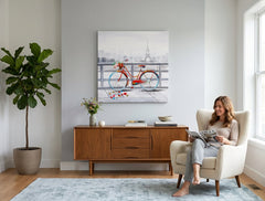 În stil boho tablou pe pânză cu motivul PARIS, Turnul Eiffel, flori, arhitectură, natură în alb-albastru nuanțe agățat în interiorul sufragerie – interior