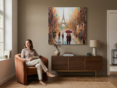 În stil boho tablou pe pânză cu motivul PARIS, Turnul Eiffel în violet-maro nuanțe agățat în interiorul hol, atmosferă romantică, dragoste – interior