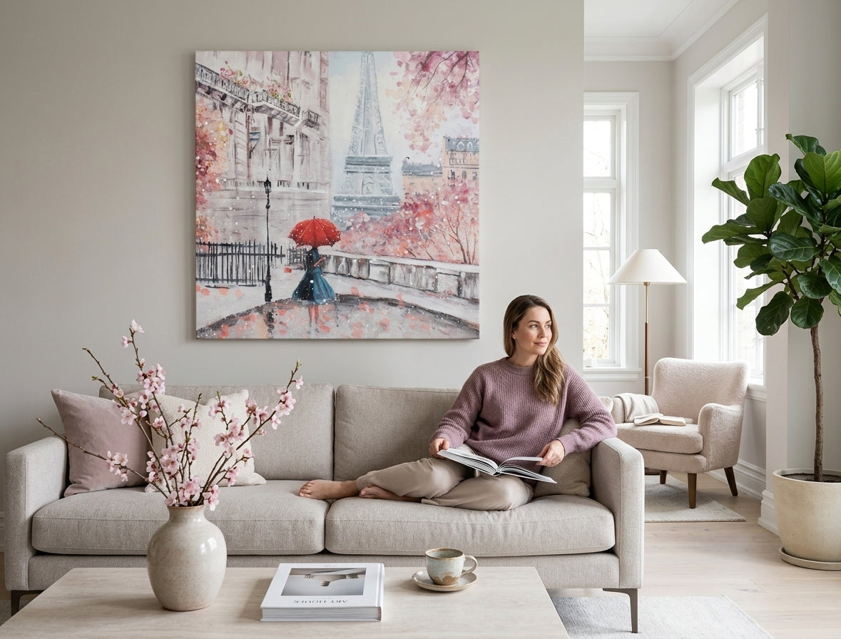 Pictat manual tablou pe pânză cu motivul PARIS, Turnul Eiffel, flori de cireș, ploaie, motiv urban în roz-roșu nuanțe agățat în interiorul dormitor – interior